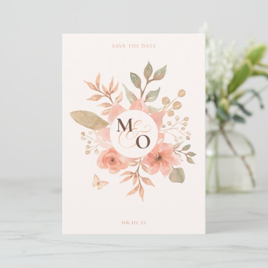 Roze perzik bloemenbruiloft save the date (Staand voorkant)