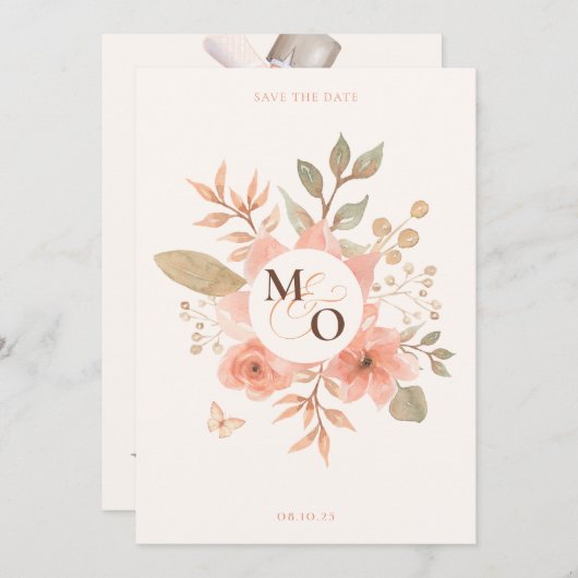 Roze perzik bloemenbruiloft save the date (Voorkant / Achterkant)