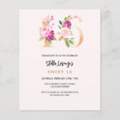 Roze perzik bloemengoud Sweet 16 budget uitnodigin (Voorkant)