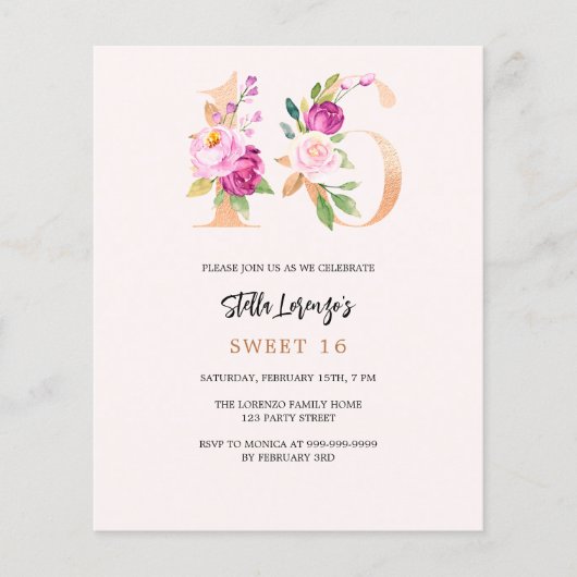 Roze perzik bloemengoud Sweet 16 budget uitnodigin (Voorkant)