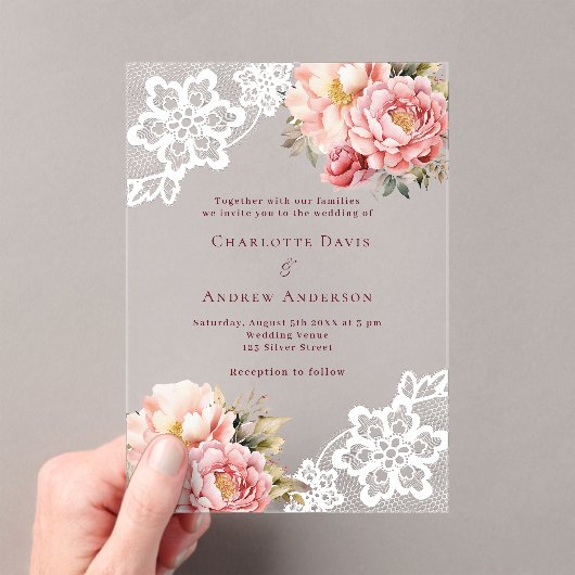 Roze perzik bloemenkant bruiloft acryl uitnodigingen (Insitu (Draagbaar))