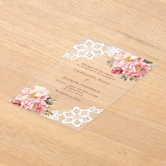 Roze perzik bloemenkant bruiloft acryl uitnodigingen (Laagn)