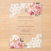 Roze perzik bloemenkant bruiloft acryl uitnodigingen (Voorkant)