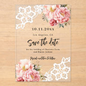 Roze perzik bloemenkant bruiloft Save the Date kaa Acryl Uitnodigingen (Voorkant)