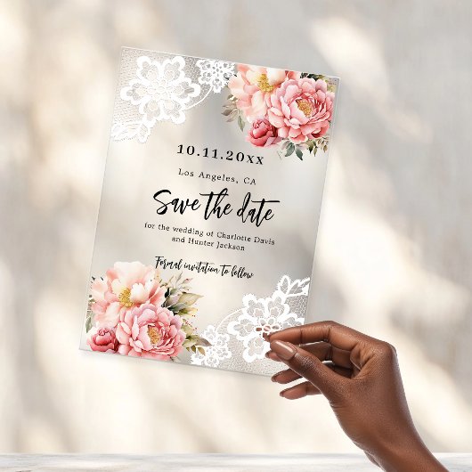 Roze perzik bloemenkant bruiloft Save the Date kaa Acryl Uitnodigingen