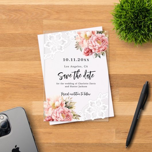 Roze perzik bloemenkant bruiloft Save the Date kaa Acryl Uitnodigingen