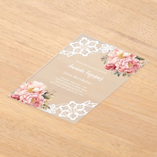 Roze perzik bloemenkant verjaardag acryl uitnodigingen (Laagn)