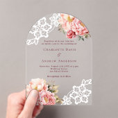 Roze perzik bloemenkantboog bruiloft acryl uitnodigingen (Insitu (Draagbaar))