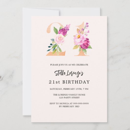 Roze perzik bloemennummers goud 21e verjaardag kaart (Voorkant)