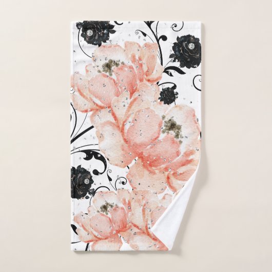 Roze perzik bloemenzwart stencil-glitter diamanten bad handdoek (Handdoek)