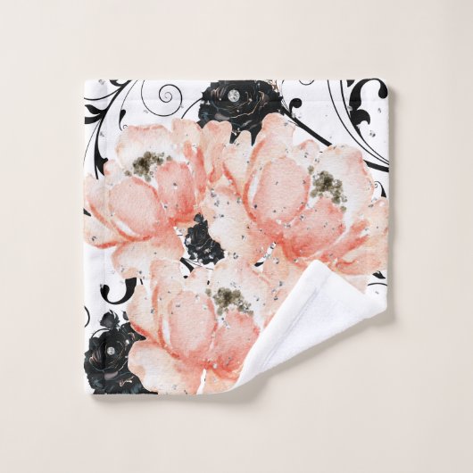 Roze perzik bloemenzwart stencil-glitter diamanten bad handdoek (Wasdoekje)