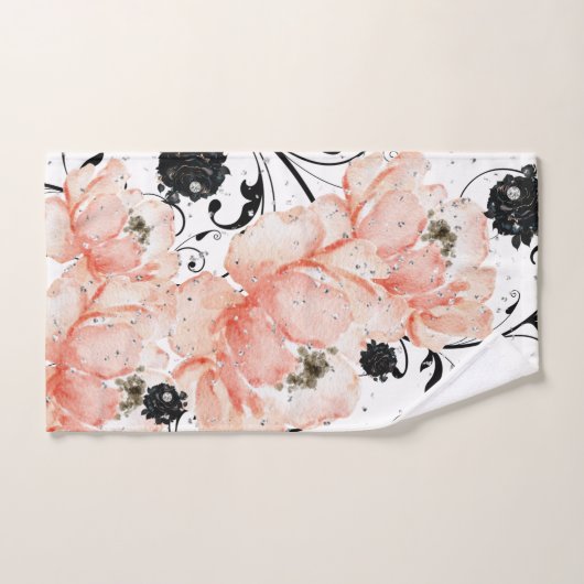 Roze perzik bloemenzwart stencil-glitter diamanten bad handdoek (Handdoek)