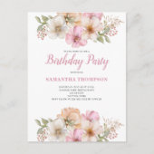 Roze Perzik Bloemige Verjaardagsuitnodiging Briefkaart (Voorkant)