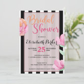 Roze perzik bloemige zwarte witte streep vrijgezel kaart (Staand voorkant)