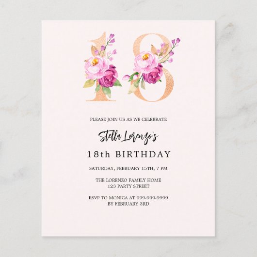 Roze perzik bloemmotief 18e verjaardag budget uitn (Voorkant)