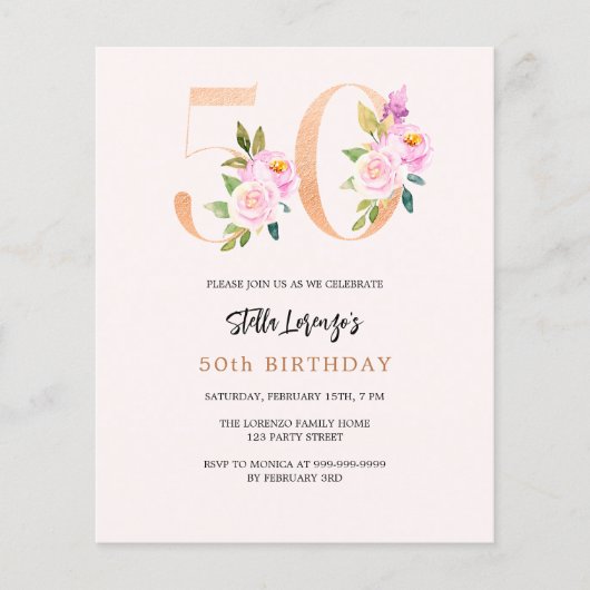 Roze perzik bloemmotief 50e verjaardag budget uitn (Voorkant)