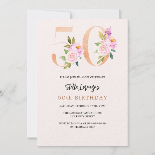Roze perzik bloemnummer goud 50e verjaardag luxe kaart (Voorkant)