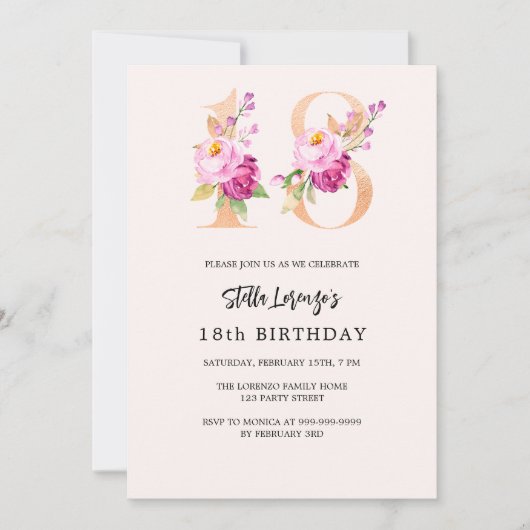 Roze perzik bloemnummers goud 18e verjaardag kaart (Voorkant)