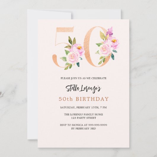 Roze perzik bloemnummers goud 50e verjaardag kaart (Voorkant)