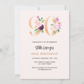 Roze perzik bloemnummers goud 90e verjaardag kaart (Voorkant)