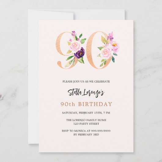 Roze perzik bloemnummers goud 90e verjaardag kaart (Voorkant)