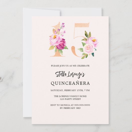 Roze perzik bloemnummers goud Quinceanera Kaart (Voorkant)