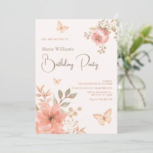 Roze perzik bloemvlinder kaart (Staand voorkant)