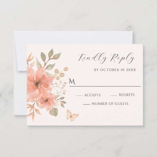 Roze perzik bloemvlinder RSVP kaartje (Voorkant)