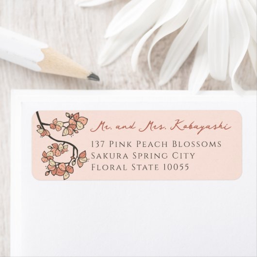 Roze Perzik Bloesems Aziatische bruiloft adres Etiket (Insitu)