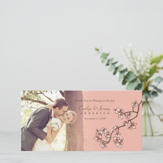 Roze perzik bloesems bruiloft dank u fotokaart bedankkaart (Staand voorkant)