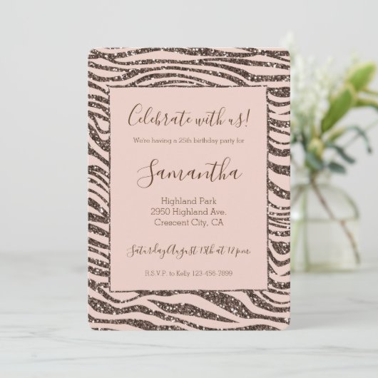 Roze Perzik Chocolade Bruine Zebraprint Glitters Kaart (Staand voorkant)