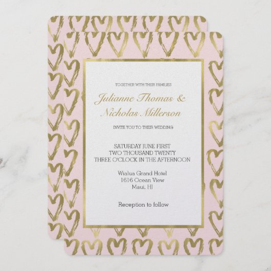 Roze Perzik en Gouden Harten Bruiloft Kaart (Voorkant / Achterkant)