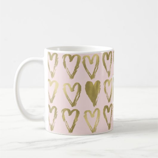 Roze Perzik en Gouden Harten Monogram Koffiemok (Links)