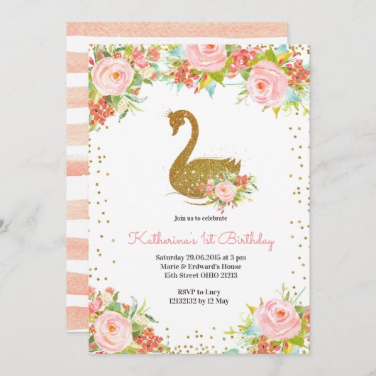 Roze perzik en gouden zwaan verjaardagsuitnodiging kaart (Voorkant / Achterkant)