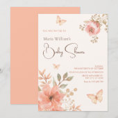 Roze perzik floral baby shower kaart (Voorkant / Achterkant)