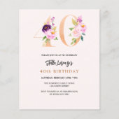 Roze perzik florals 40e verjaardag budget uitnodig (Voorkant)