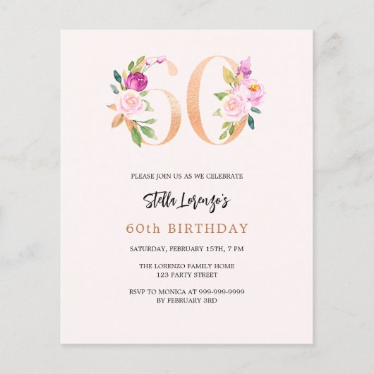 Roze perzik florals 60e verjaardag budget uitnodig (Voorkant)