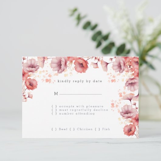  Roze, Perzik Fuzz, Waterverf bruiloft RSVP Kaartje (Staand voorkant)