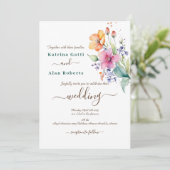 Roze perzik geel bloeit bruiloft uitnodiging (Staand voorkant)