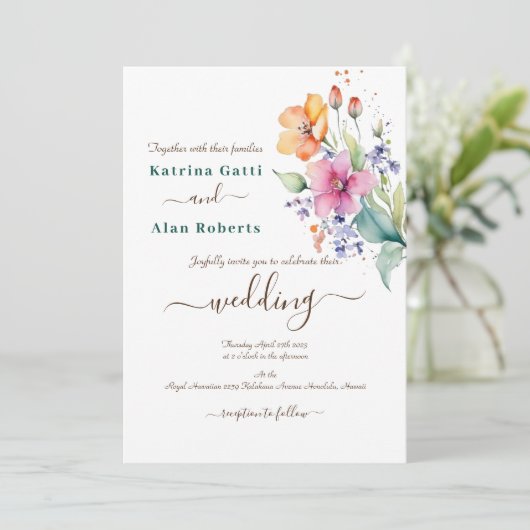 Roze perzik geel bloeit bruiloft uitnodiging (Staand voorkant)