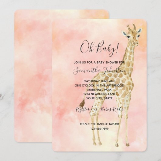 Roze Perzik Giraffe Baby Shower Kaart (Voorkant / Achterkant)