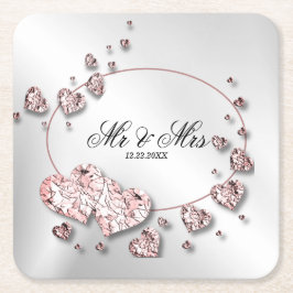 Roze perzik glanzende harten geometrisch elegant kartonnen onderzetters