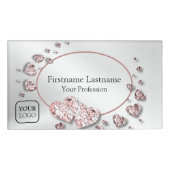 Roze perzik glanzende harten geometrisch elegant naambadge (Voorkant)