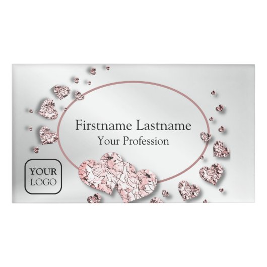 Roze perzik glanzende harten geometrisch elegant naambadge (Voorkant)