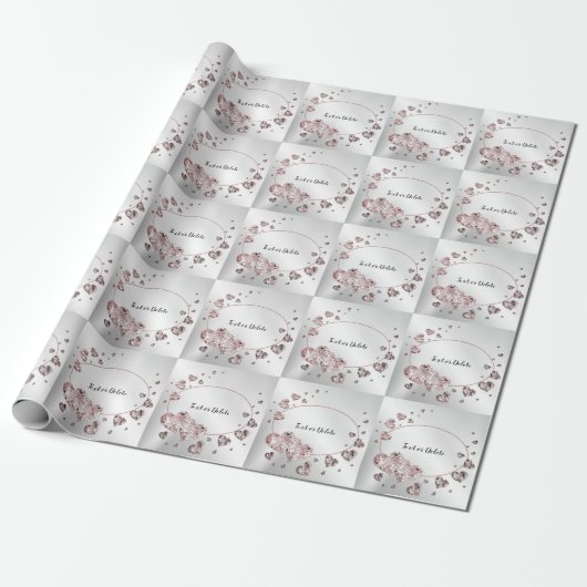 Roze perzik glanzende harten geometrische elegante cadeaupapier (Uitgerold)