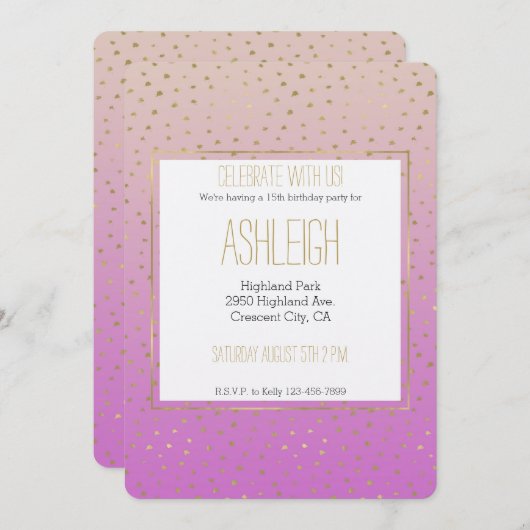 Roze Perzik Goud Ombre Confetti Stippen Verjaardag Kaart (Voorkant / Achterkant)