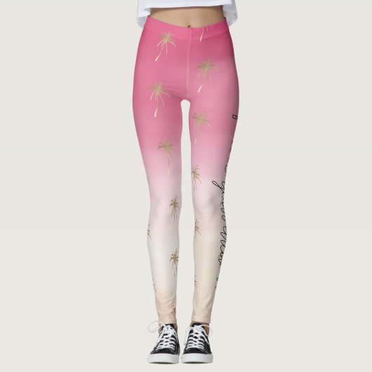 Roze perzik goud tropische palmbomen ombre leggings (Voorkant)