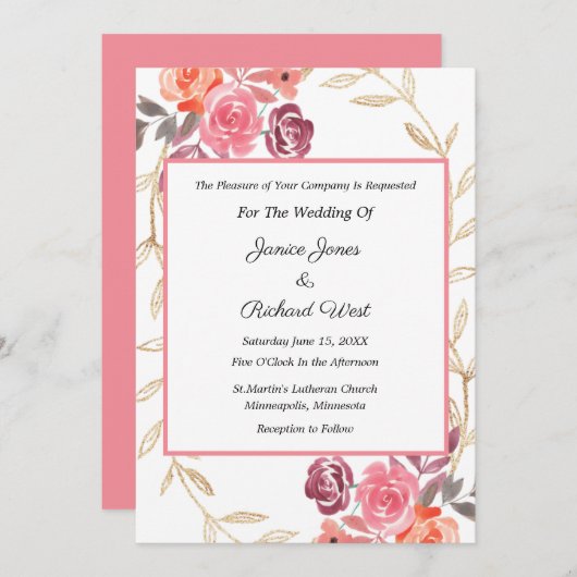 Roze Perzik Gouden Bloemenkrans Trouw Uitnodiging (Voorkant / Achterkant)