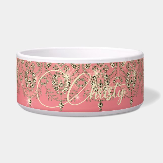 Roze perzik gouden kant elegante glinstering voerbakje (Voorkant)