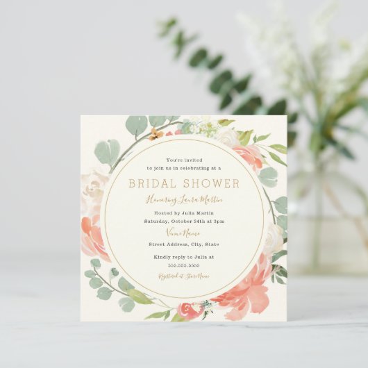 Roze Perzik Krans Bloemige Trouw Bruiloft Uitnodig Kaart (Staand voorkant)